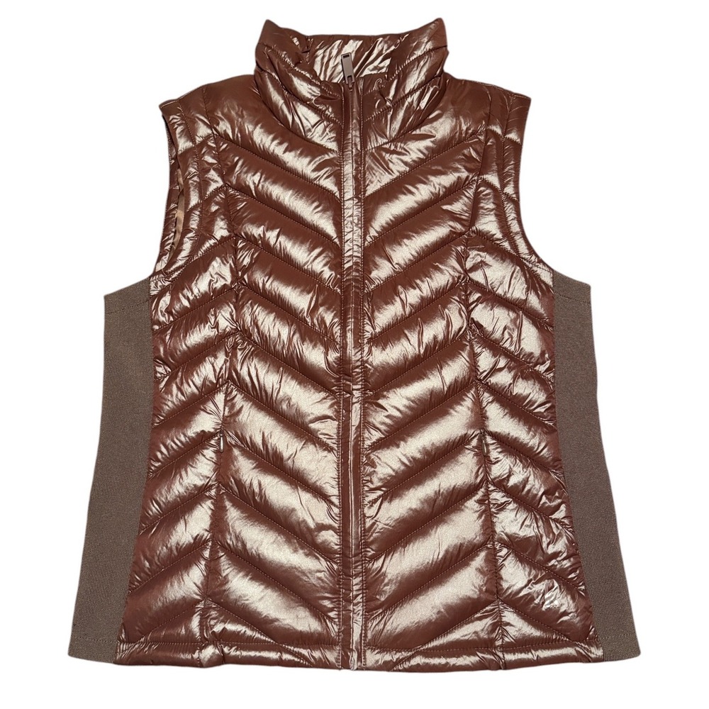Calvin Klein Womens S Brown Puffer Vest Quilted Ribbed Side Panels Full Zip